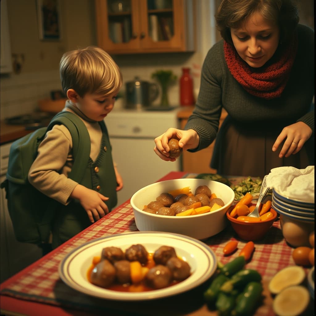 A child returns from school as safely cooked meatballs and seasonal vegetables are served in a 1970s family kitchen