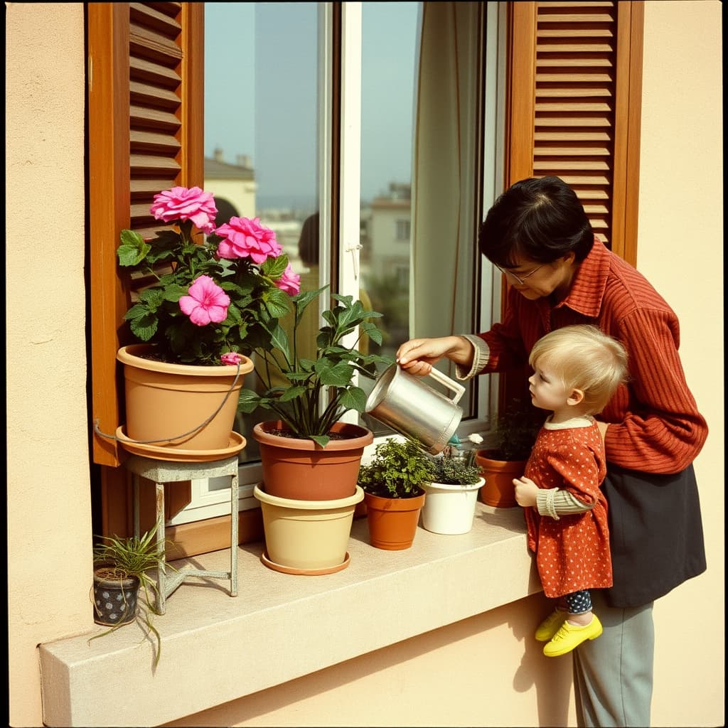 Secure flowering pots sit in sturdy windowsill brackets while an adult waters them without runoff