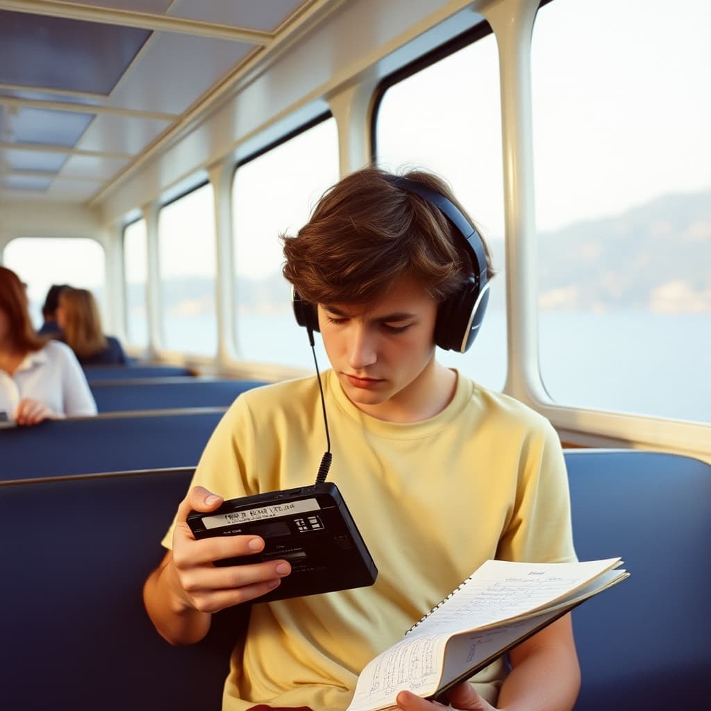 A young listener uses a portable cassette player on a late-summer ferry beside a handwritten mixtape list