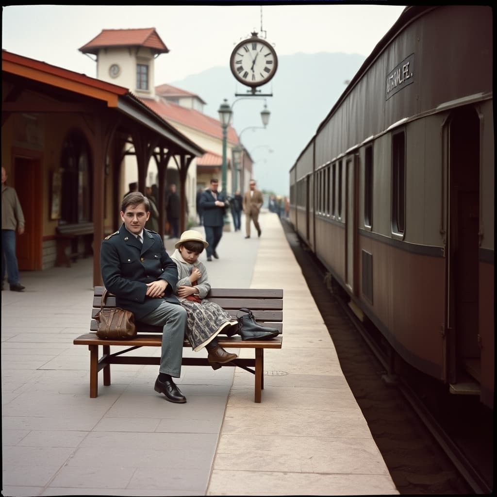 Families share farewell and reunion around a wooden bench on a small-town railway platform