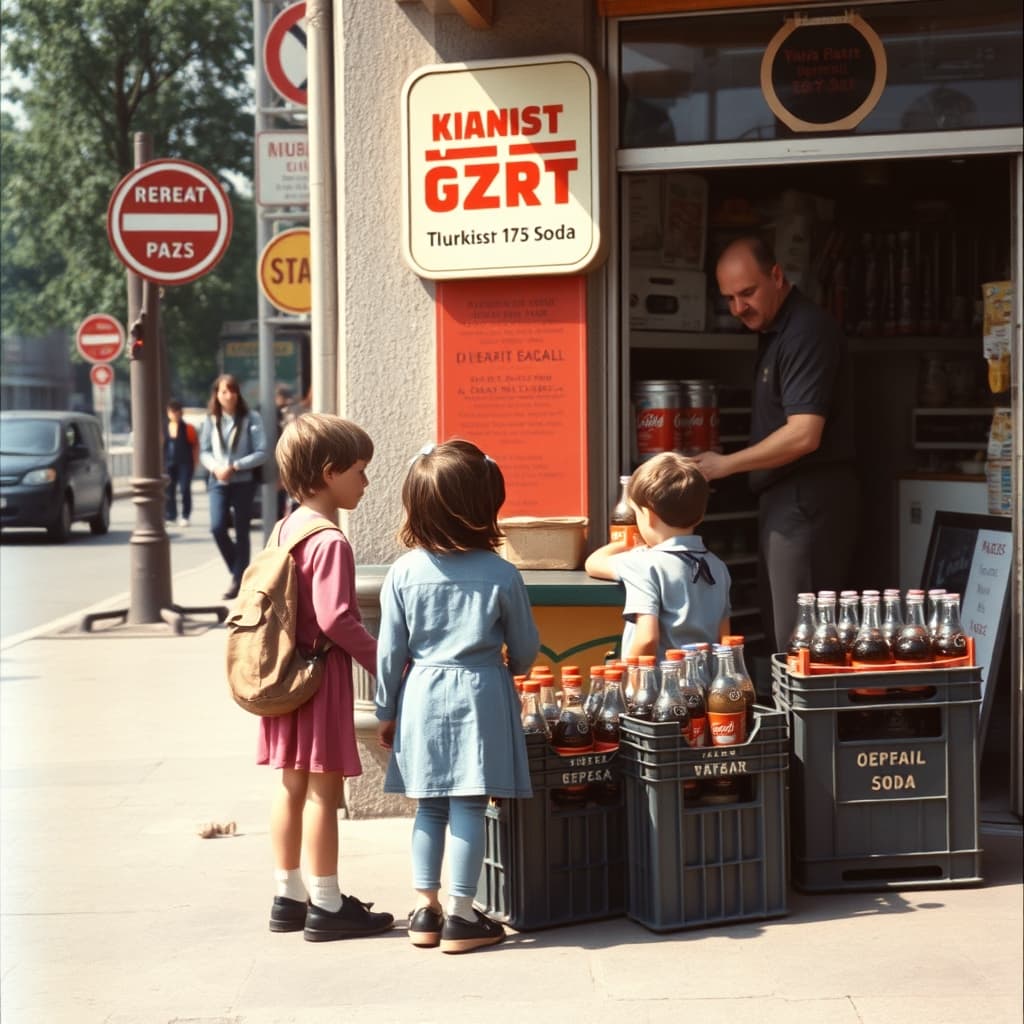 Children receive exact change at a corner shop beside safely stored returnable soda bottles
