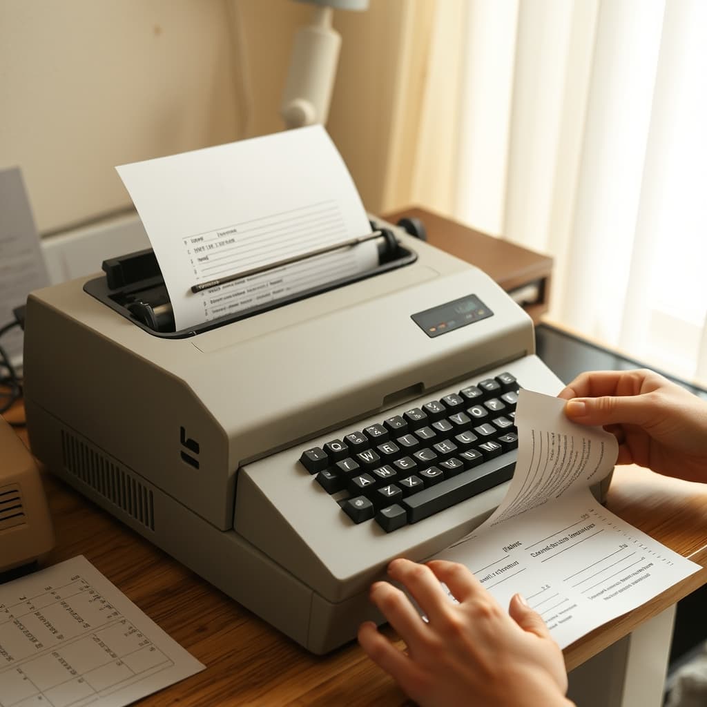 Continuous perforated paper feeds through a dot-matrix printer as family hands separate a finished sheet.
