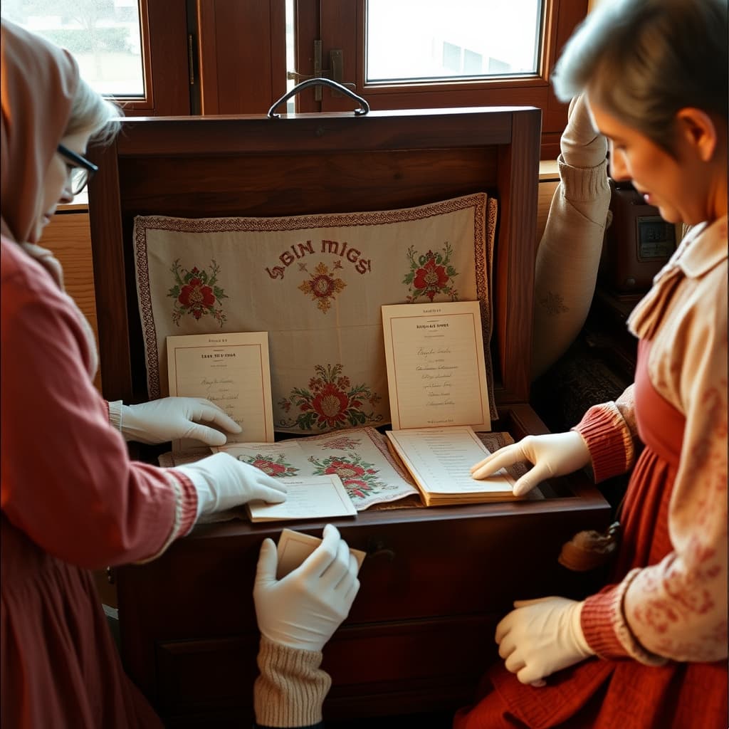 Family members carefully catalogue textiles and keepsakes from an open wooden dowry chest