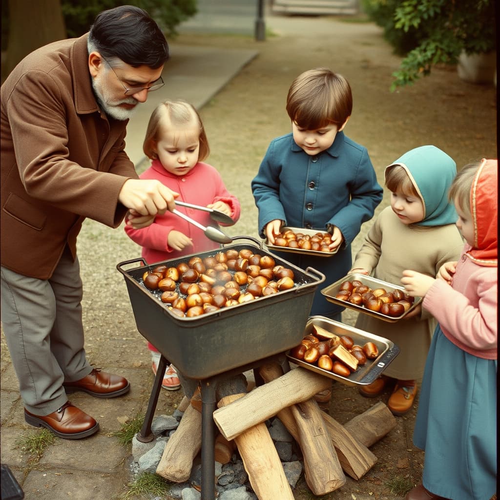 An attentive adult roasts chestnuts outdoors on a stable brazier while the family waits at a safe distance