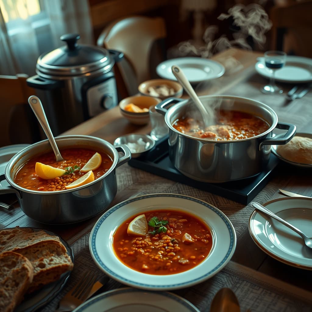 A steaming bowl of lentil soup with lemon and bread is set among several places at a family table.
