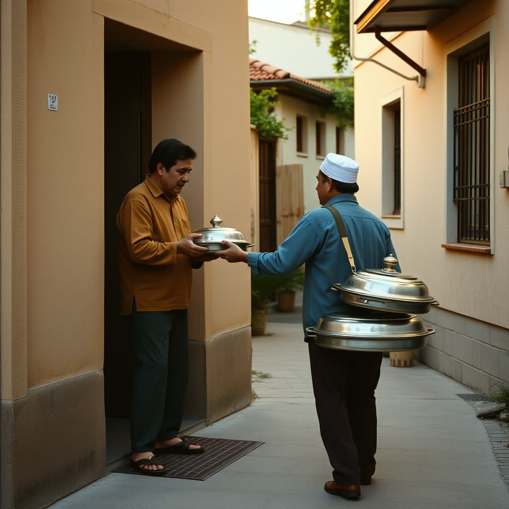Neighbours exchange a covered food dish at a doorway shortly before iftar.