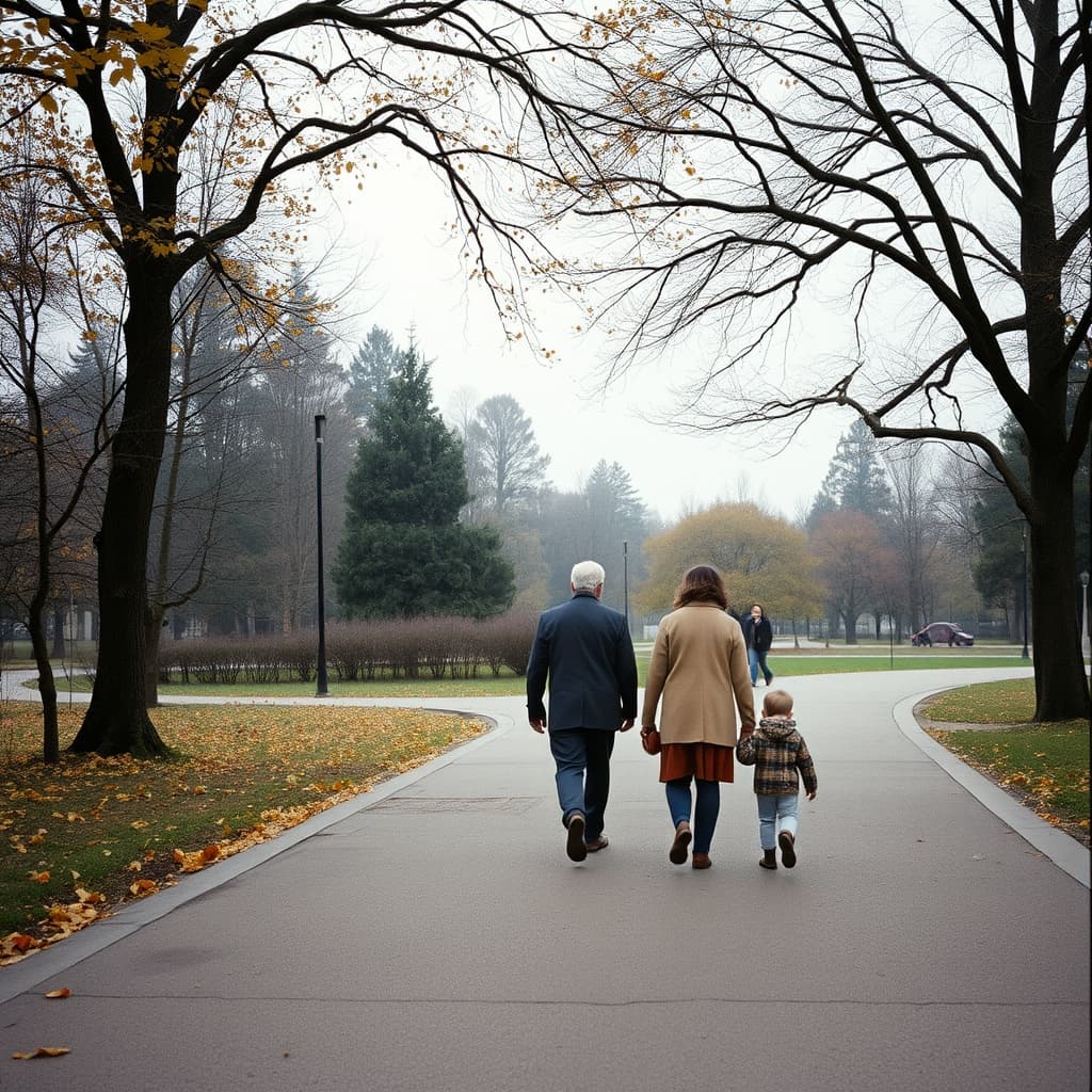 A family walks along a city-park path while an adult ahead turns to wait for the others.