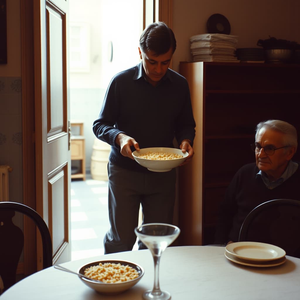 An adult carries a bowl of semolina helva from the kitchen towards a table where another person is waiting.