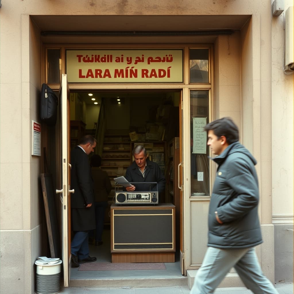 A tabletop radio stands beside an open neighbourhood shop door as customers and pedestrians pass.
