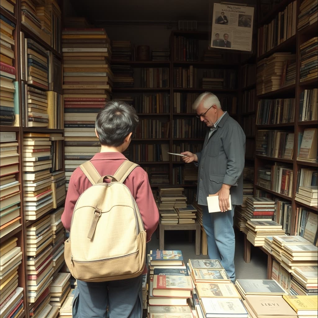 A young visitor with a schoolbag browses shelves beside a bookseller in a second-hand book market.