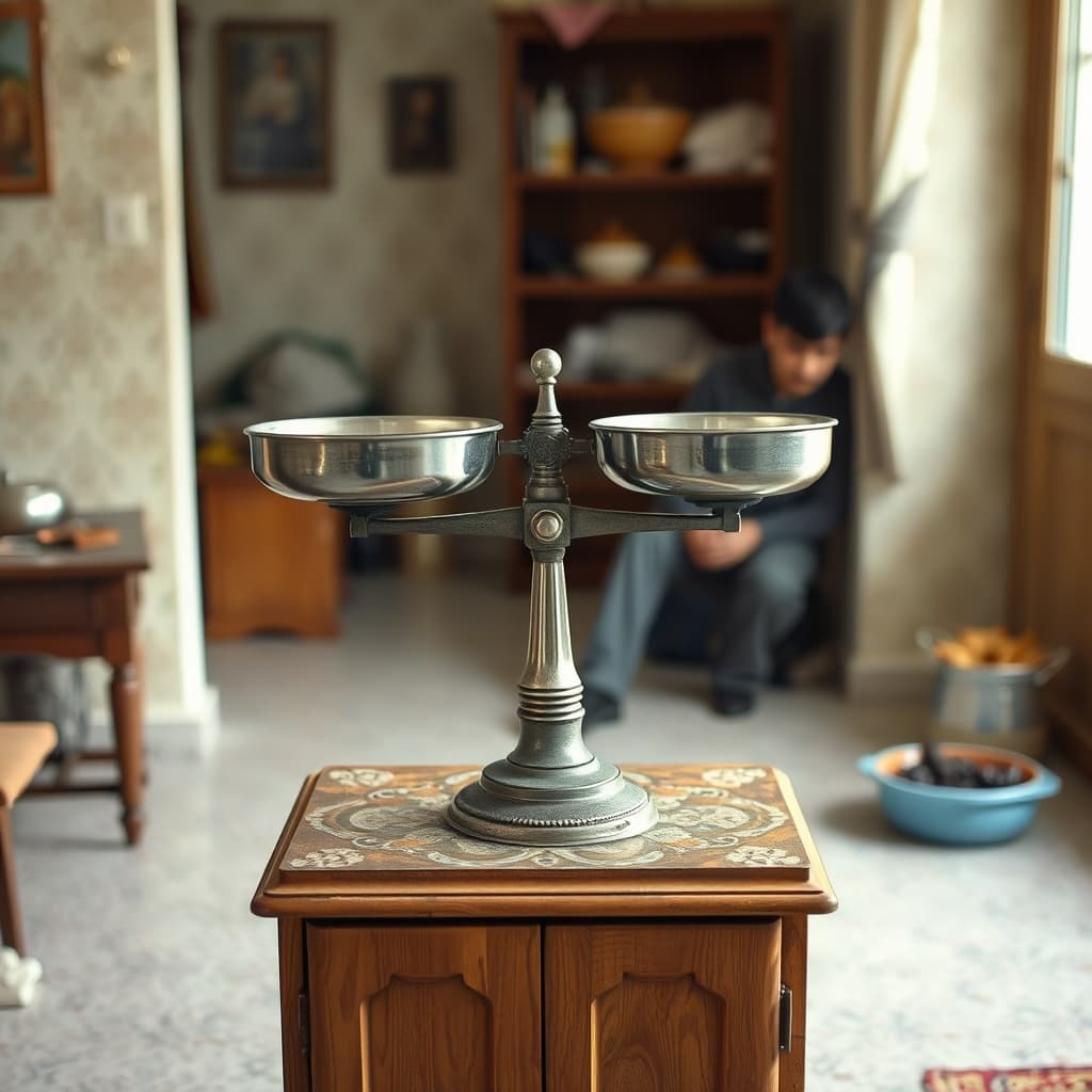 An old two-pan balance scale stands on a tidy household cabinet before a family gathering.