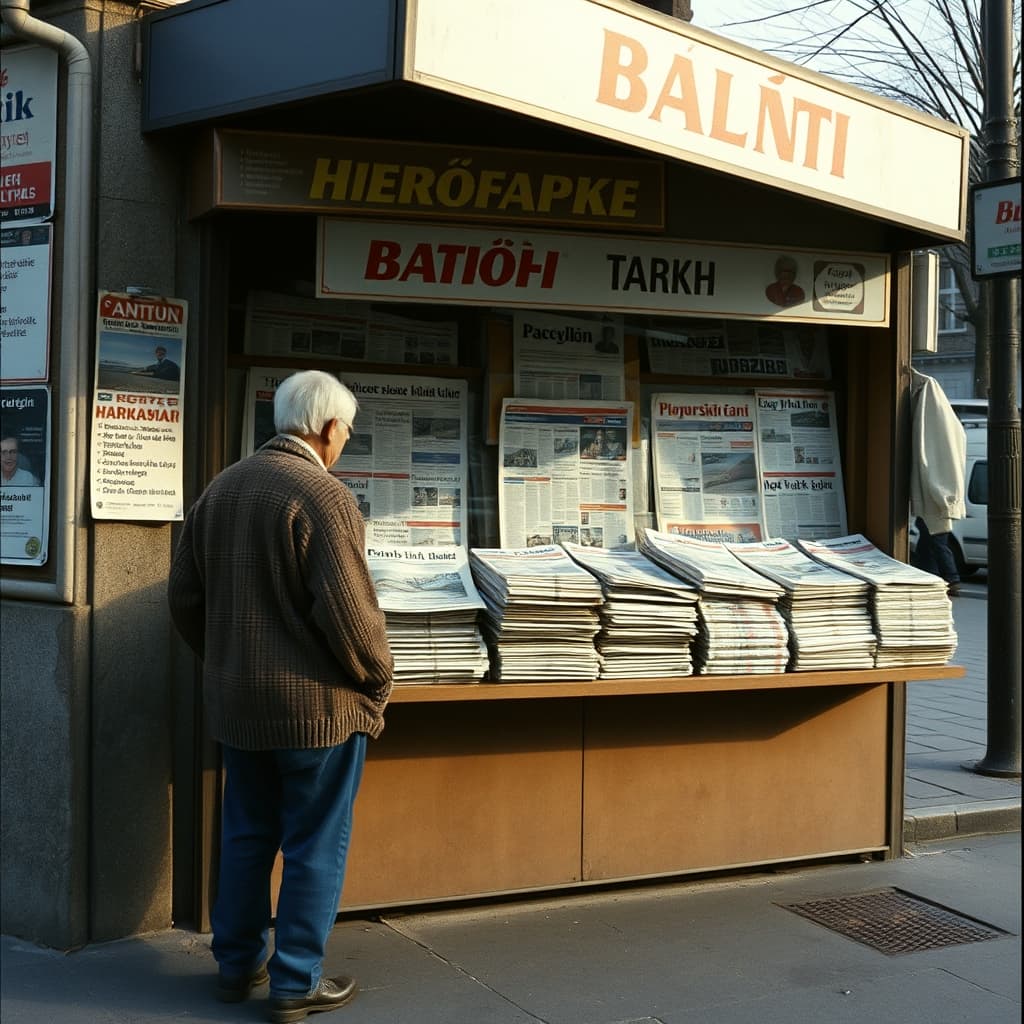 A passer-by pauses beside newspaper bundles on a kiosk counter on a cool morning.