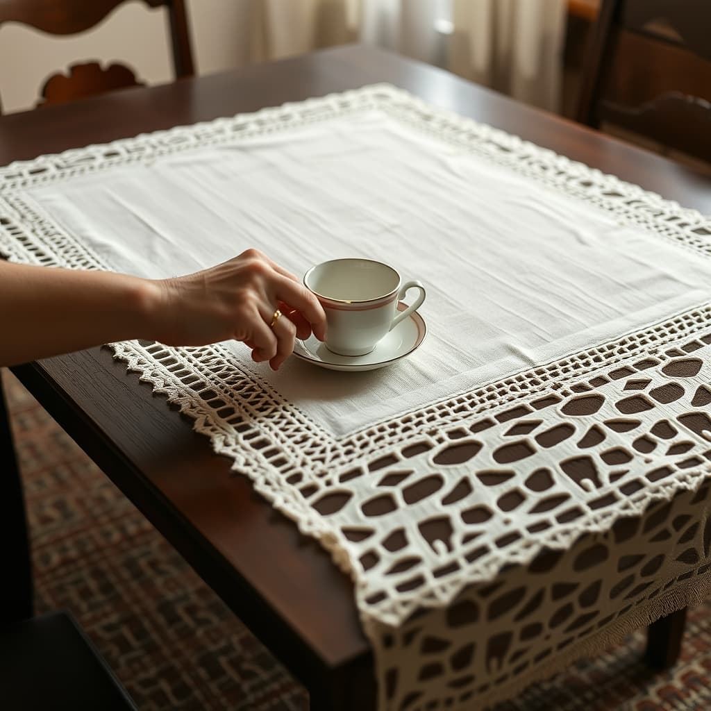 A cup and saucer partly cover the border of a cream openwork cloth on a dark wooden table.