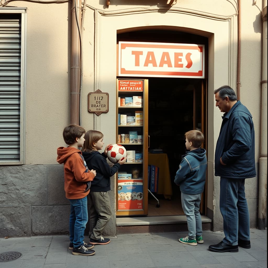 Children holding a football speak with a shopkeeper beside a neighbourhood shop doorway.