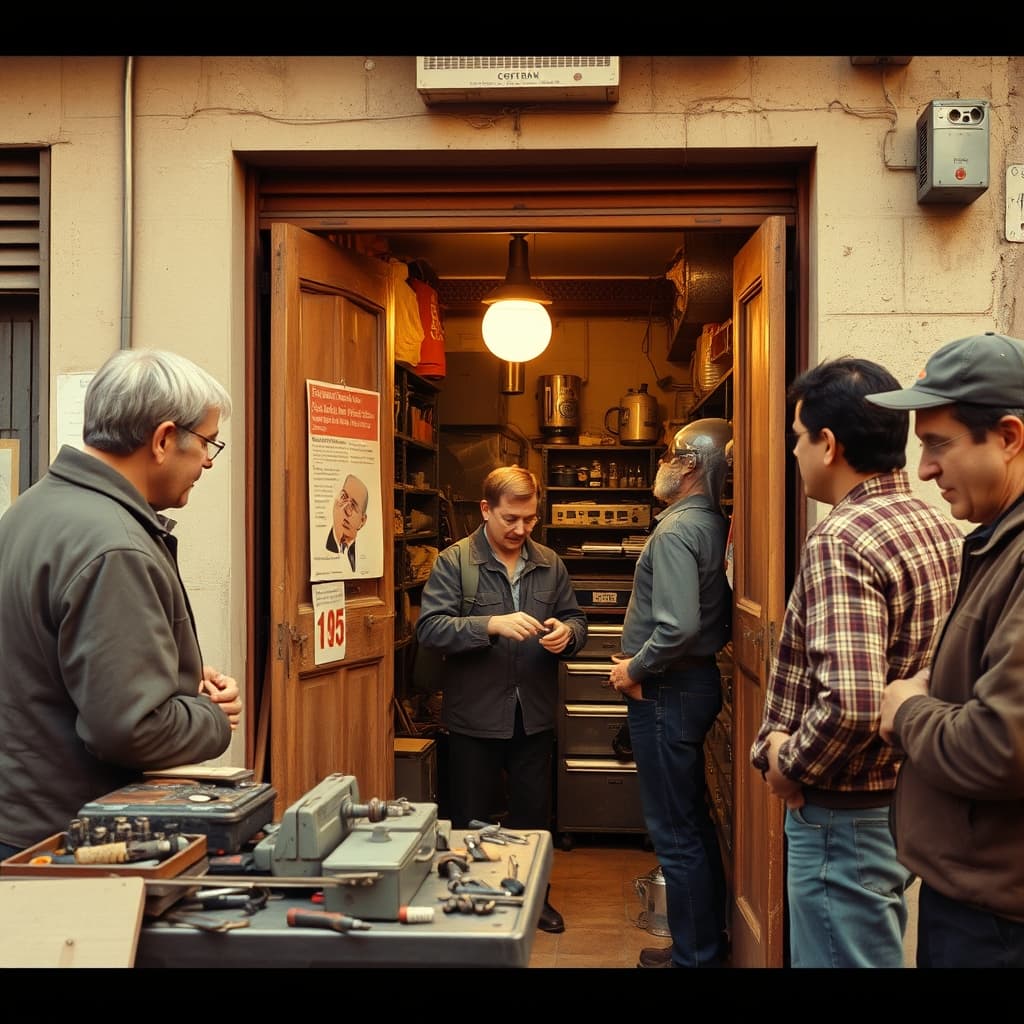 A repairer listens to a customer describing a faulty household object at an open workshop on a summer evening.