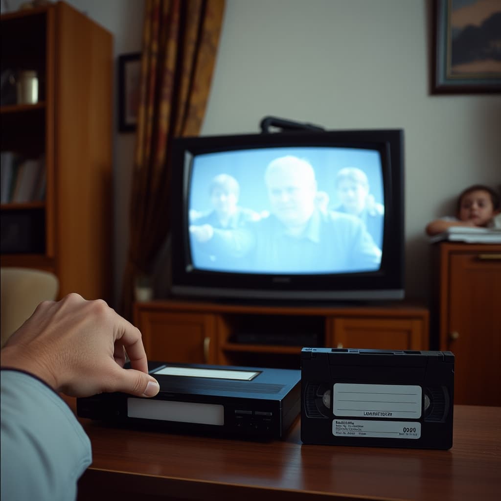 A family waits as an adult rewinds a video cassette before starting the film.