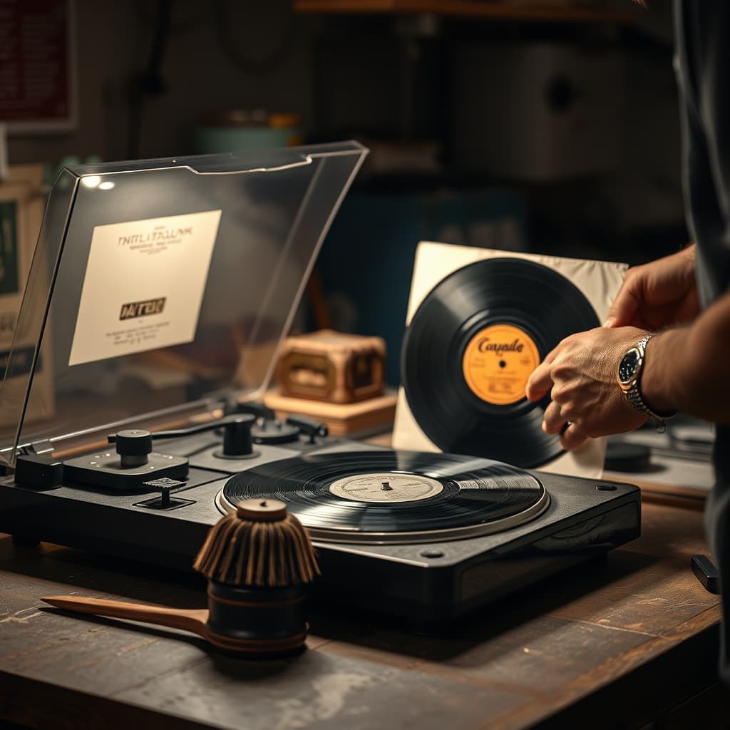 A technician examines a record beside a cleaning brush and turntable on a repair bench.