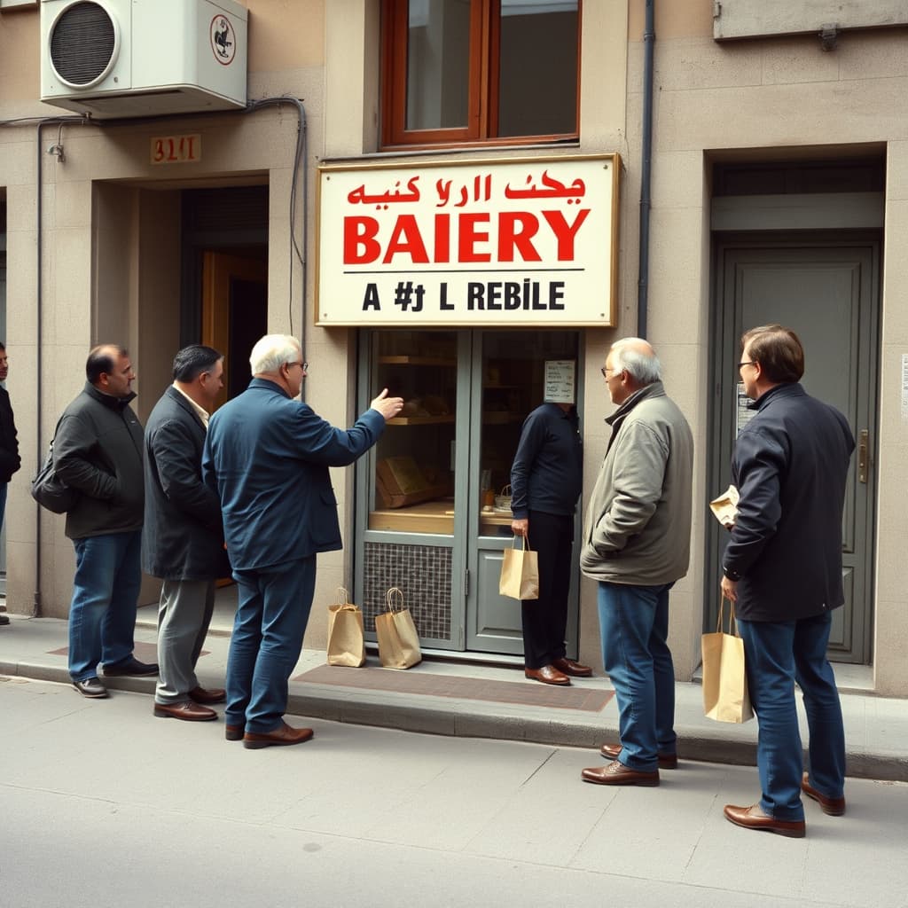 Two customers acknowledge each other in an orderly bakery queue while others wait quietly.