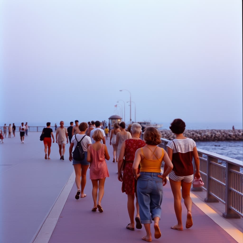 Adults pause on a seaside promenade to look towards a small live ensemble during a summer evening.