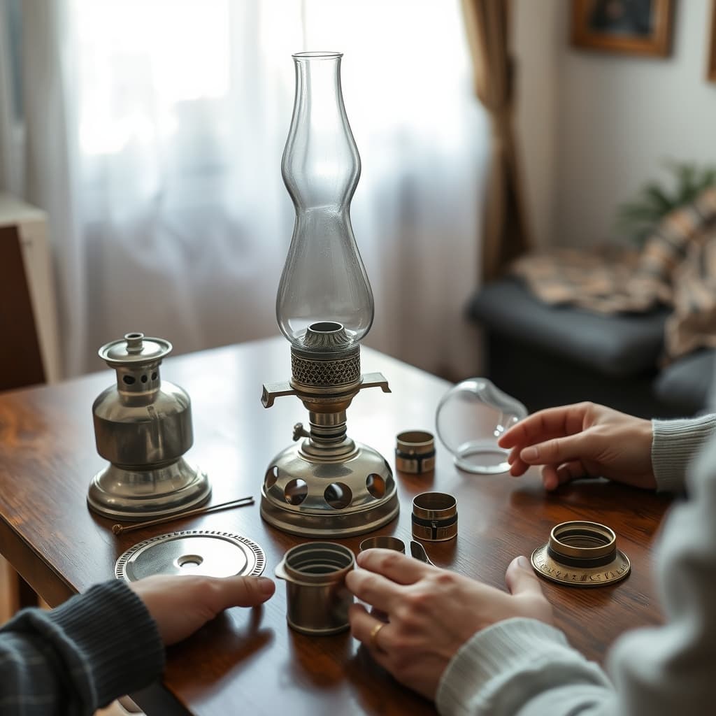 The reservoir, burner, wick and glass of an inherited oil lamp are documented separately without a flame.