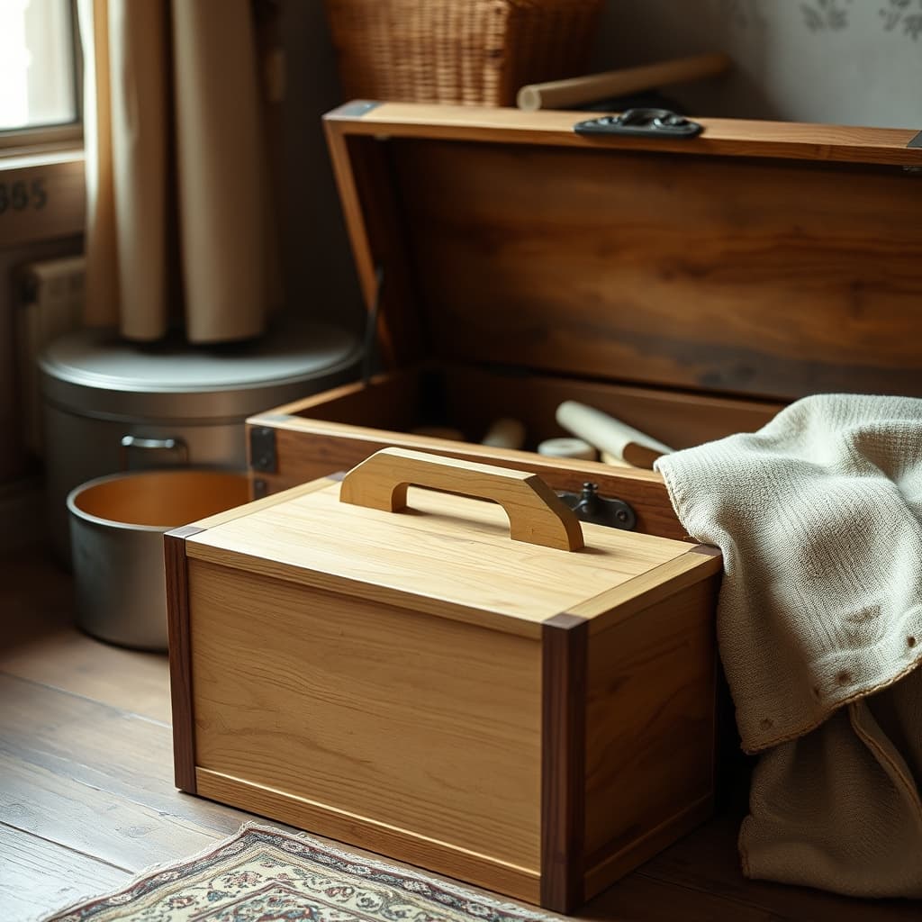 A closed wooden sewing box with a small handle rests beside an open storage chest.
