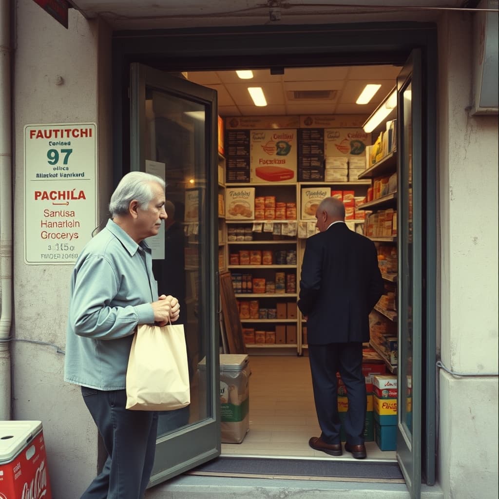 A customer holding a small paper bag greets a neighbour at a grocery doorway while another customer is served inside.