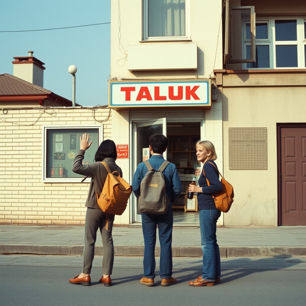 Teenage friends pause outside a neighbourhood shop as one waves goodbye and another holds a soda bottle.