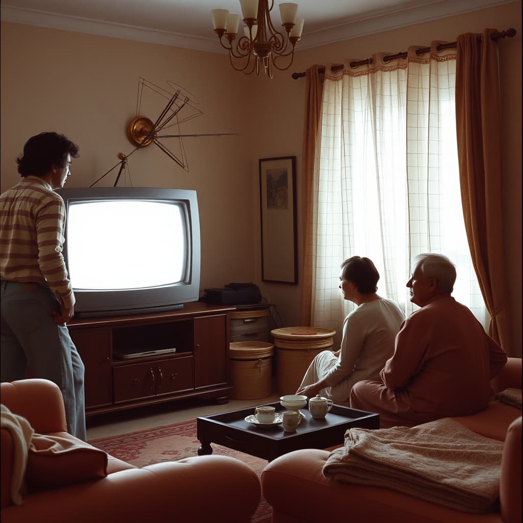 An adult steps back from an indoor television aerial as relatives begin watching together beside a tea tray.