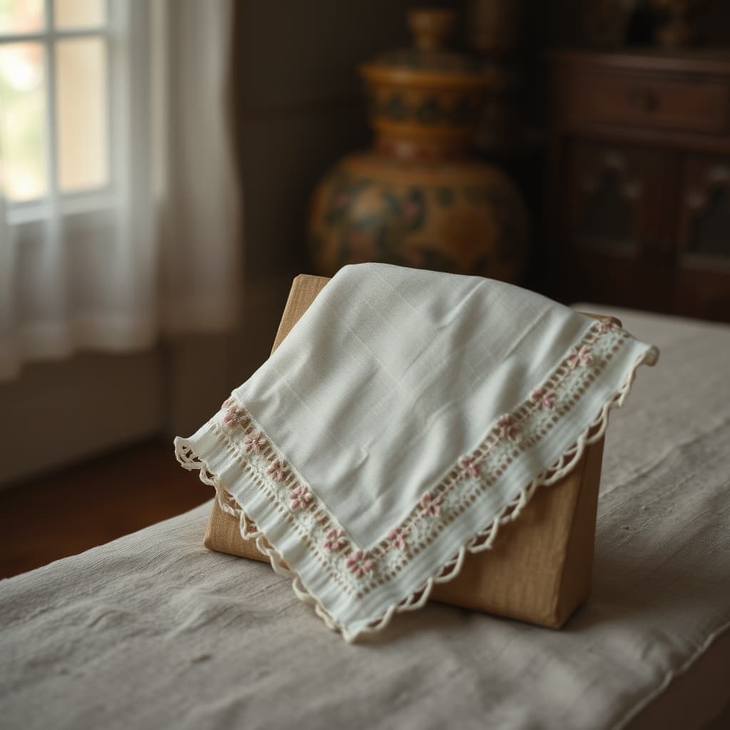 A cream handkerchief shows a partly embroidered floral edge and an undecorated corner.