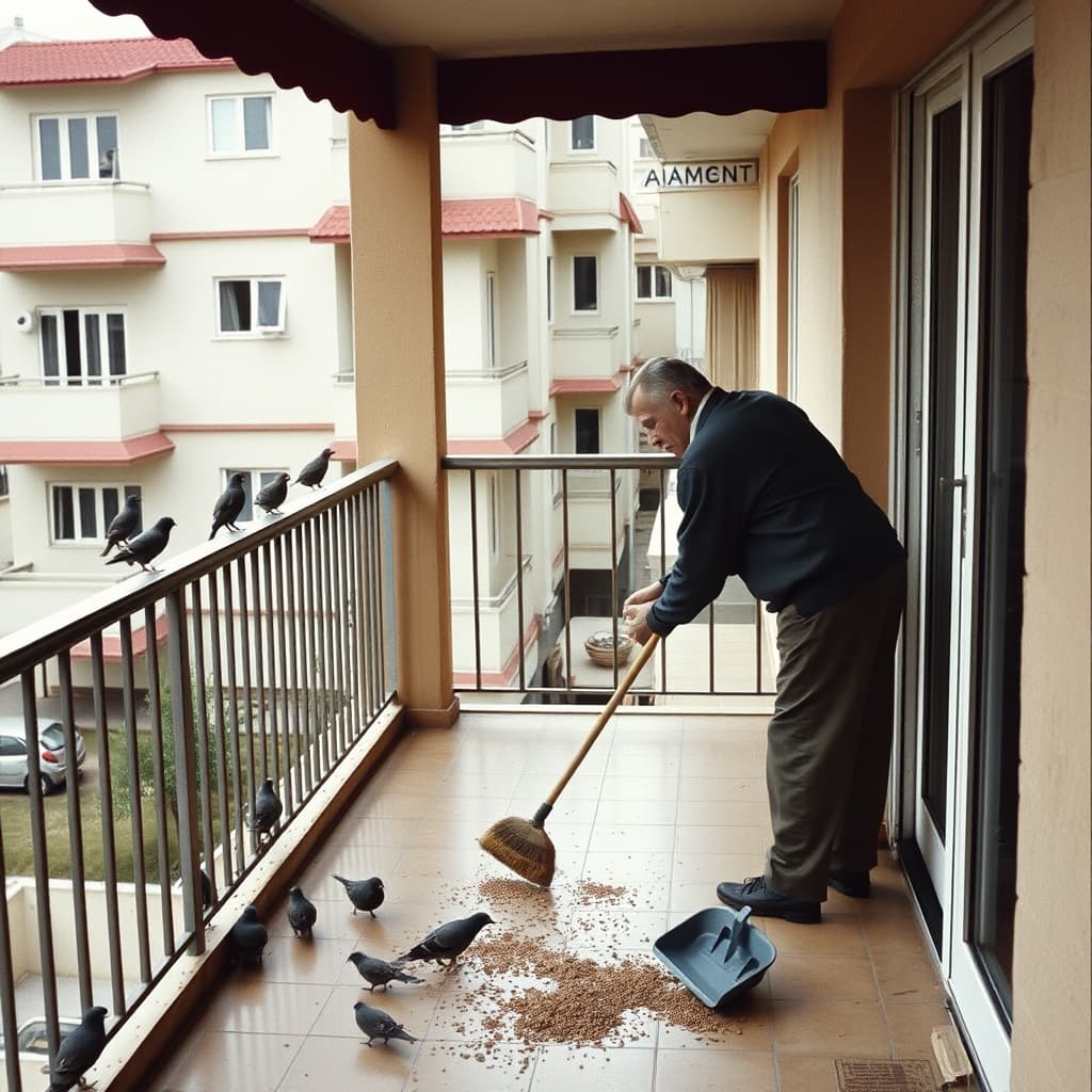 An adult sweeps a modest apartment balcony overlooking neighbouring balconies.