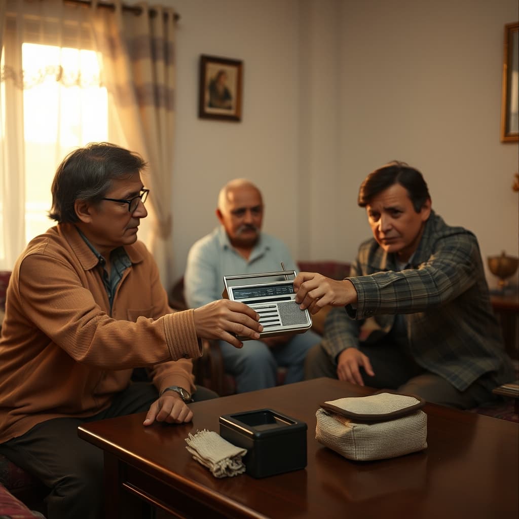 Two family members pass a small pocket radio across a living-room table beside its cloth pouch.
