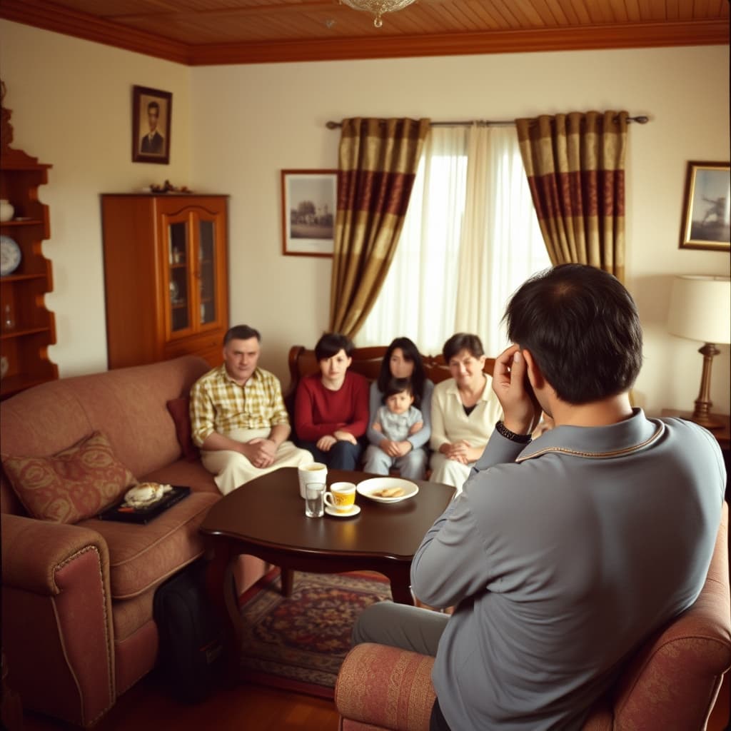 Family members begin to relax while a photographer holds a camera with an external flash lowered in a sitting room.