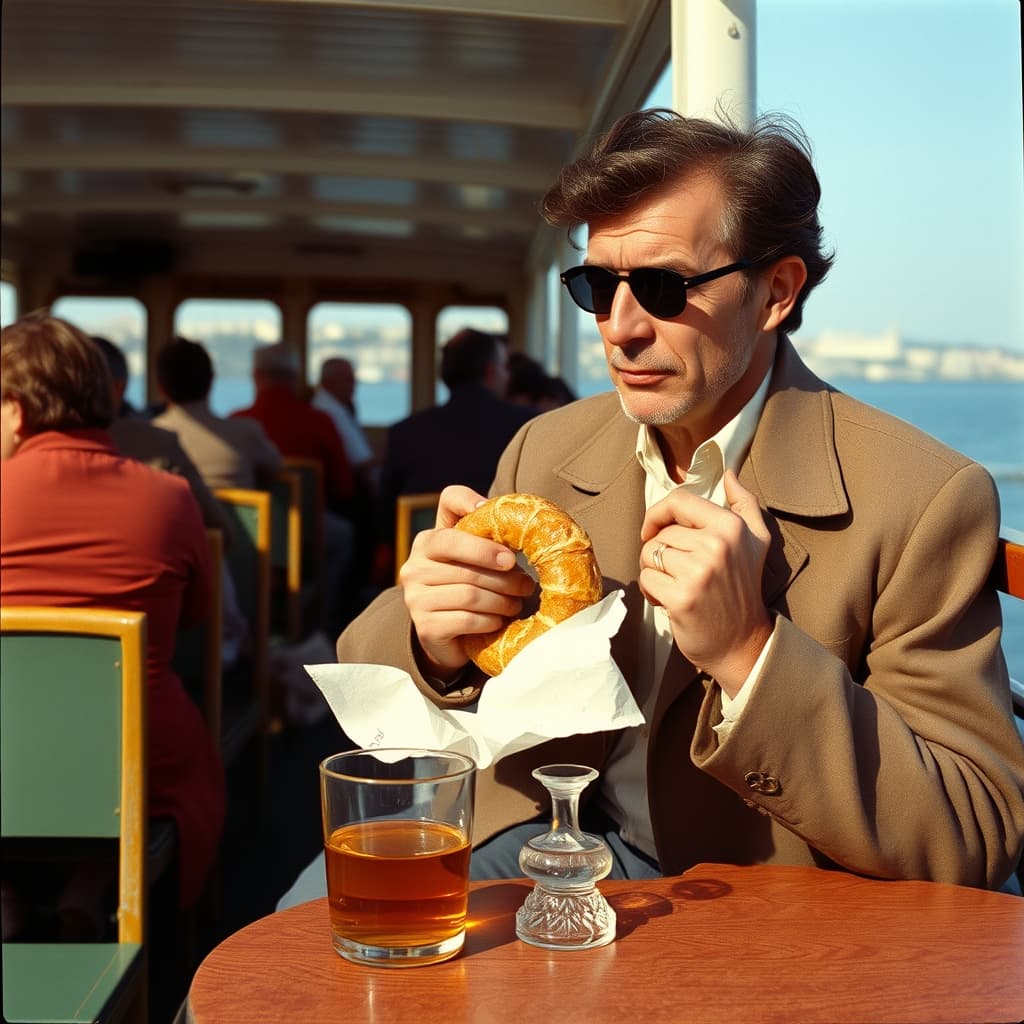 A ferry passenger holds simit in a paper wrapper on an open deck beside a glass of tea.