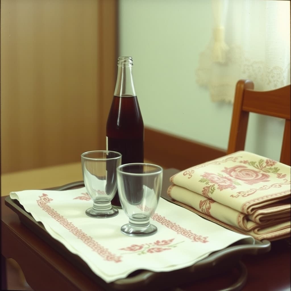 A plain glass soda bottle and drinking glasses sit on a tray beside folded embroidered textiles.