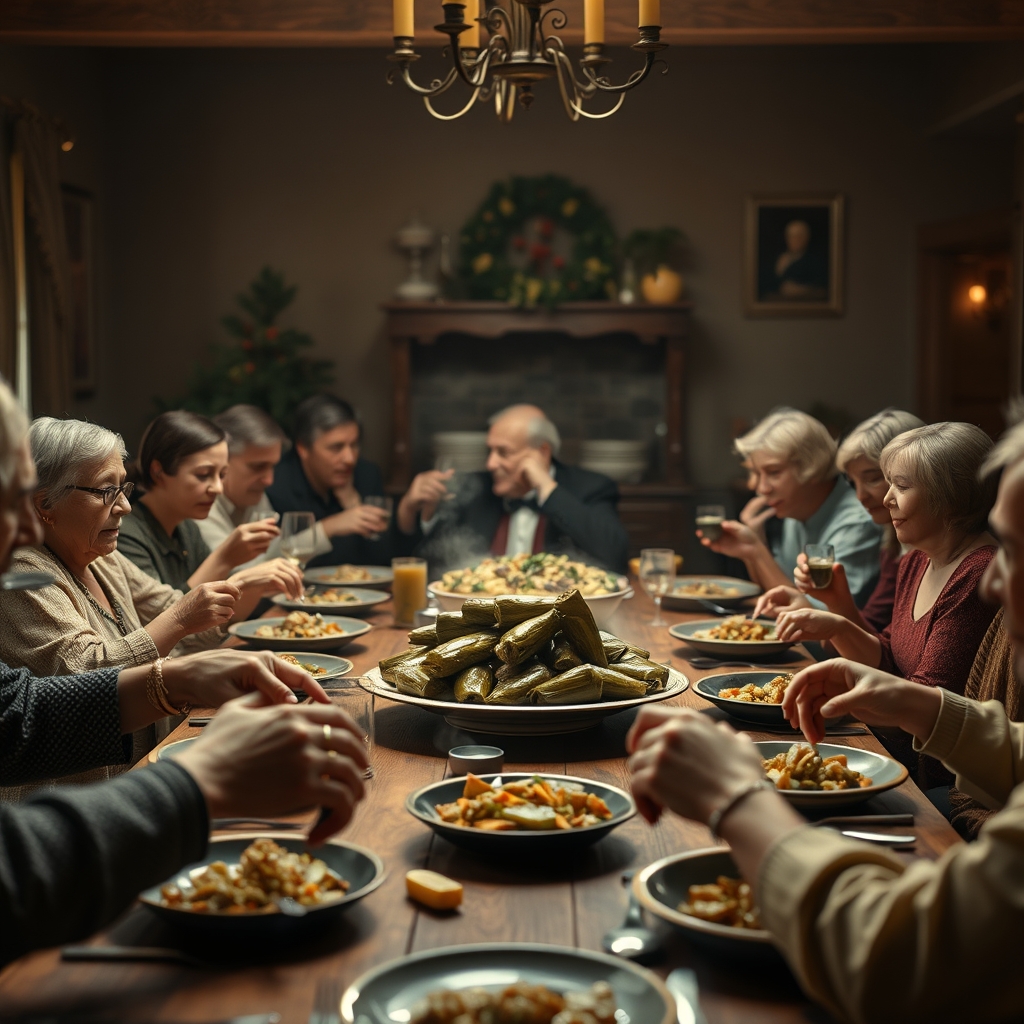 festive-stuffed-grape-leaves-crowded-family-sharing-culture